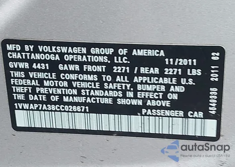 2012 Volkswagen Passat 2.5L S z USA, uszkodzony, nr VIN 1VWAP7A38CC026671